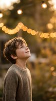 Happy young boy looking up with warm bokeh lights creating magical atmosphere during golden hour outdoor portrait session.