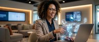Professional African American businesswoman using laptop with digital technology icons in modern office environment for corporate presentations.