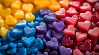 Colorful heart shaped gummy candies arranged in rainbow pattern, macro shot showing texture and glossy surface. Sweet treats in vibrant colors for Valentine's day.