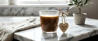 Warm coffee in a glass mug with a wooden heart thank you tag on a marble surface, soft natural light, cozy cafe or home setting.