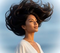 Young Asian woman with flowing dark hair in motion against blue sky background, expressing freedom and natural beauty in white clothing.
