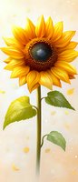 Vibrant yellow sunflower with detailed petals and rich brown center against soft beige background, falling petals create magical atmosphere. Suitable for wall art and greeting cards.