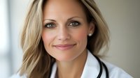 Confident female medical professional with blonde hair wearing white coat and pearl earrings smiling warmly at camera against blurred background.