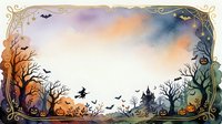 Halloween watercolor frame with pumpkins, bare trees, flying bats and witch silhouette creating spooky autumn border for seasonal designs and decorations.