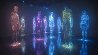 Glowing holographic figures standing in dark space with neon light effects creating futuristic atmosphere. Digital visualization of virtual reality concept.