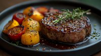 Juicy grilled beef steak with fresh rosemary and colorful bell peppers on dark plate, close up view with selective focus and moody lighting.