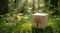 Wooden cube with engraved tree symbol resting on green moss in a sunlit forest, representing nature, ecology, and sustainability concepts.
