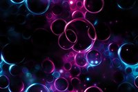 Glowing neon circles in pink and blue colors create dynamic abstract pattern on dark background with luminous effects and floating bubble shapes.