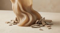 Abstract wooden sculpture with flowing, organic curves and natural wood grain texture, surrounded by scattered wood chips and shavings on neutral surface for contemporary art and design projects.