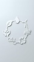 White paper cut circular frame with eco-friendly symbols including water drop, leaves, solar panel, bicycle and recycling icons on gray background.