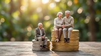 Senior couple sitting on stack of coins representing retirement savings and financial planning for elderly lifestyle and pension fund growth.