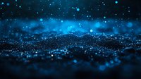 Glowing blue particles create magical wave effect against dark background with bokeh lights and sparkles floating in space, abstract digital art landscape.