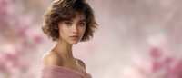 Young woman with short wavy brown hair in pink off-shoulder dress against soft pink floral bokeh background, gentle romantic portrait with natural makeup and dreamy atmosphere.
