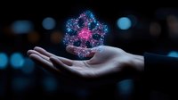 Glowing holographic tree floating above female hand against dark background with bokeh lights, representing technology and nature connection.