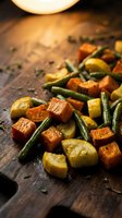 Roasted autumn vegetables with sweet potato cubes, green beans and herbs on rustic wooden cutting board under warm kitchen lighting for healthy cooking.