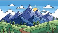 Cartoon mountain landscape with winding path through green hills and forest trees under sunny sky with fluffy clouds for outdoor adventure designs.