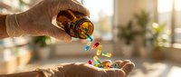 Hand pouring colorful pills and capsules from amber bottle into palm, healthcare and medicine concept for pharmaceutical advertising and wellness content.
