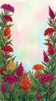 Watercolor celosia flower border frame with vibrant red, orange, pink and yellow blooms on soft pastel background with copy space.