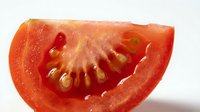 Ripe tomato slice with seeds isolated on white background, suitable for food packaging, culinary designs, and restaurant menus.