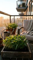 Cozy urban balcony with potted plants, watering can, and comfortable seating overlooking city skyline during golden hour sunset. Perfect for lifestyle and home decor projects.
