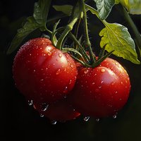 Fresh ripe red tomatoes with water drops on dark background, green leaves visible. Natural organic produce with morning dew for healthy eating concept.