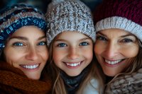 Three generations of smiling females wearing winter knit hats and scarves, close-up portrait showing bright eyes and genuine happiness in cozy seasonal setting.