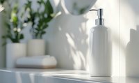 White cosmetic bottle with pump dispenser on bathroom counter with soft natural lighting, rolled towel and green plants in background for spa and wellness design.