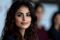 Young woman with dark wavy hair and natural makeup smiling confidently at camera. Professional headshot style portrait with soft lighting and blurred background.