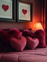 Romantic bedroom interior with heart-shaped pillows and wall art in red tones. Cozy bed with fluffy burgundy cushions illuminated by warm table lamp glow.