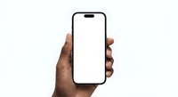 Hand holding modern smartphone with blank white screen mockup isolated on white background for app presentation and mobile interface design.