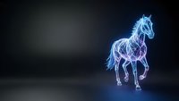 Glowing blue electric horse made of lightning energy lines running on dark background with copy space for technology and power concepts.