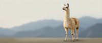 Llama standing in open landscape with misty mountains in background, suitable for wildlife, nature, and animal-related projects.
