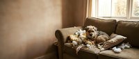 Goldendoodle dog resting on brown leather couch surrounded by scattered toys near window with natural light, suitable for pet care and home lifestyle content.