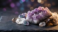 Purple amethyst crystal cluster with mixed gemstones on dark slate surface with colorful bokeh lights background for healing and meditation practices.