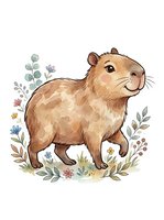 Cute brown capybara with gentle expression surrounded by colorful wildflowers and botanical elements on white background, isolated clipart for children's designs and merchandise.