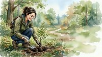 Young woman gardener planting seedlings in peaceful forest clearing, watercolor illustration of sustainable agriculture and environmental care.