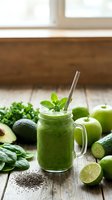 Fresh green smoothie in mason jar with straw surrounded by healthy ingredients like spinach, avocado, lime, apple and chia seeds on rustic wooden table.