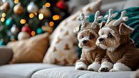 Two Yorkshire terrier dogs wearing reindeer antler costumes sitting on couch with Christmas tree and bokeh lights in background creating festive holiday atmosphere.