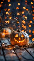 Glowing carved pumpkin lantern with warm fairy lights and bokeh effect on rustic wooden background creates magical Halloween atmosphere at night.