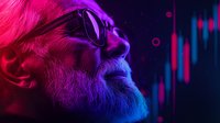 Senior bearded man in glasses illuminated by vibrant pink and purple neon lights against dark background with financial chart elements, expressing joy and success.
