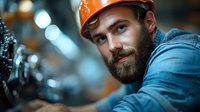 Portrait of bearded Caucasian male construction worker in orange hardhat and blue workwear smiling confidently at industrial workplace with blurred machinery background.