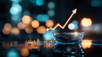 Glowing upward arrow over stacked coins with blurred bokeh lights background, representing financial growth and investment success in modern business setting.