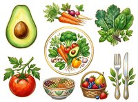 Healthy eating concept with fresh organic vegetables, fruits, grains and utensils arranged on white background. Isolated design elements for nutrition, diet and wellness projects.