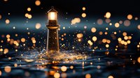 Illuminated lighthouse in dark water with splashing waves and magical glowing bokeh lights creating dreamy atmospheric scene. Suitable for maritime decor and inspirational designs.
