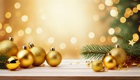 Golden Christmas ornaments and pine branches on wooden surface with festive bokeh lights creating warm holiday atmosphere.