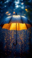 Glowing umbrella illuminated from within on rainy night, with water droplets and bokeh lights creating magical atmosphere against dark blue background.