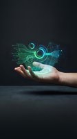 Hand holding glowing digital technology interface with neon green and blue circuit patterns, network connections, and data visualization elements for innovation and tech concepts.