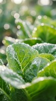 Fresh green cabbage leaves with morning dew drops in sunlight, organic vegetable garden with natural bokeh background for healthy eating concepts.