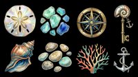 Vintage sea shells, compass rose, nautical key, anchor, sand dollars and gemstones isolated on transparent background. Ready for t-shirt designs, clipart, stickers, print-on-demand products and sublimation projects.