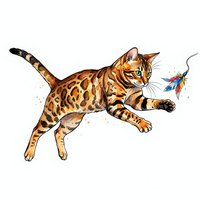 Bengal cat with spotted coat playing with colorful feather toy, isolated on white background. Suitable for pet care, animal illustration, greeting cards, and feline-themed designs.
